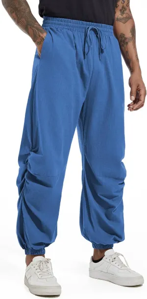CLANMILUMS Mens Cotton Linen Drawstring Pants Elastic Waist Casual Jogger Yoga Pants