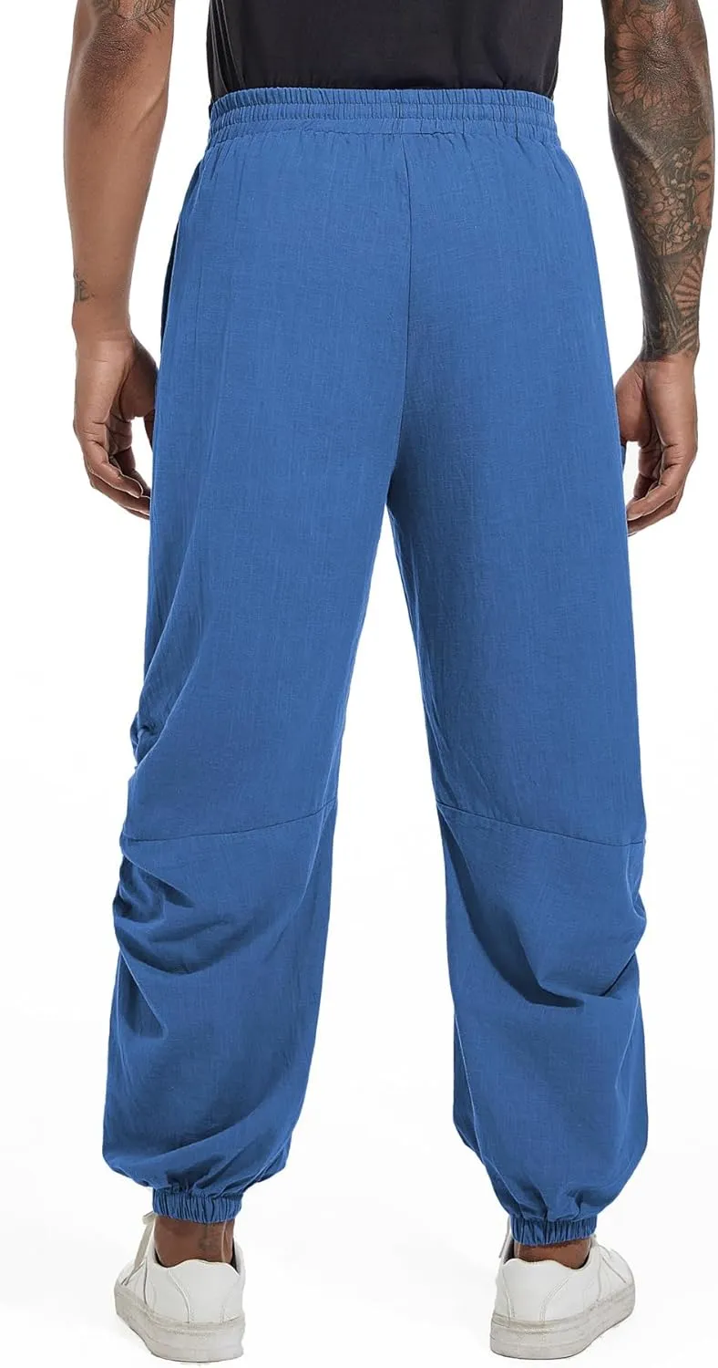 CLANMILUMS Mens Cotton Linen Drawstring Pants Elastic Waist Casual Jogger Yoga Pants
