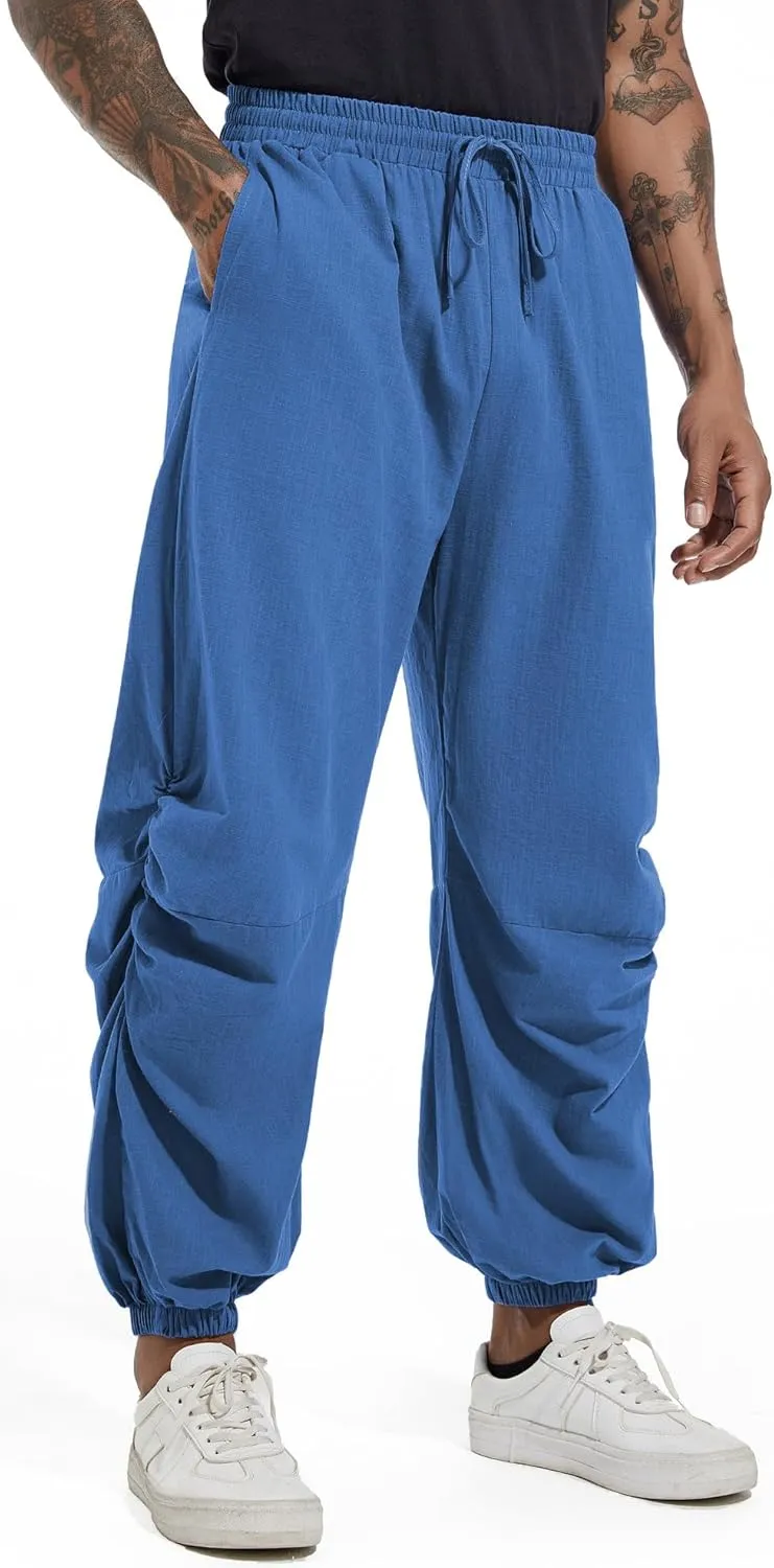 CLANMILUMS Mens Cotton Linen Drawstring Pants Elastic Waist Casual Jogger Yoga Pants