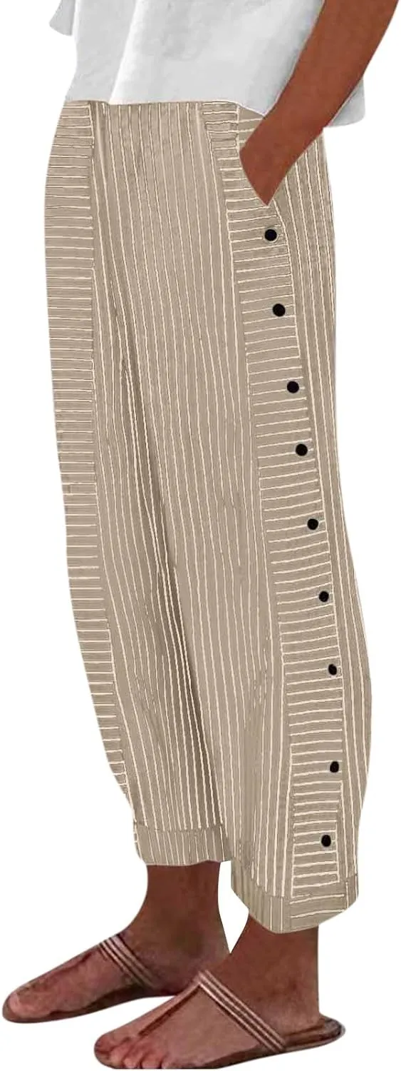 Cotton Linen Pants for Women Casual Straight Leg Elastic Waist Trousers Stripe Print Beach Lounge with Pockets