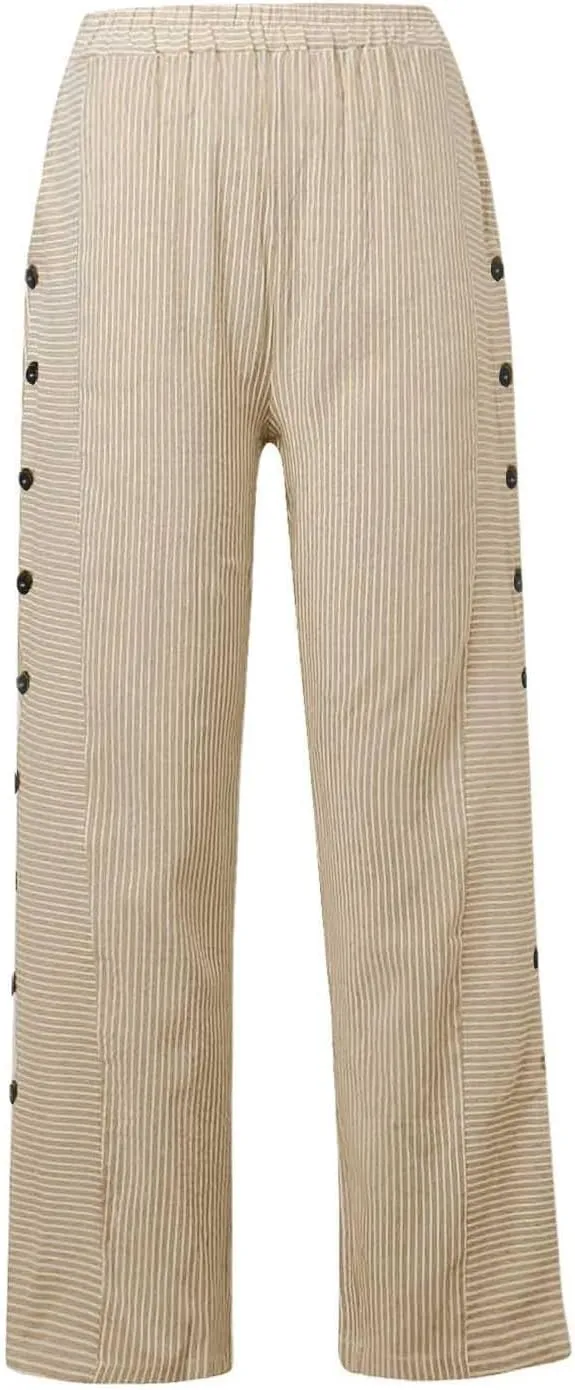 Cotton Linen Pants for Women Casual Straight Leg Elastic Waist Trousers Stripe Print Beach Lounge with Pockets