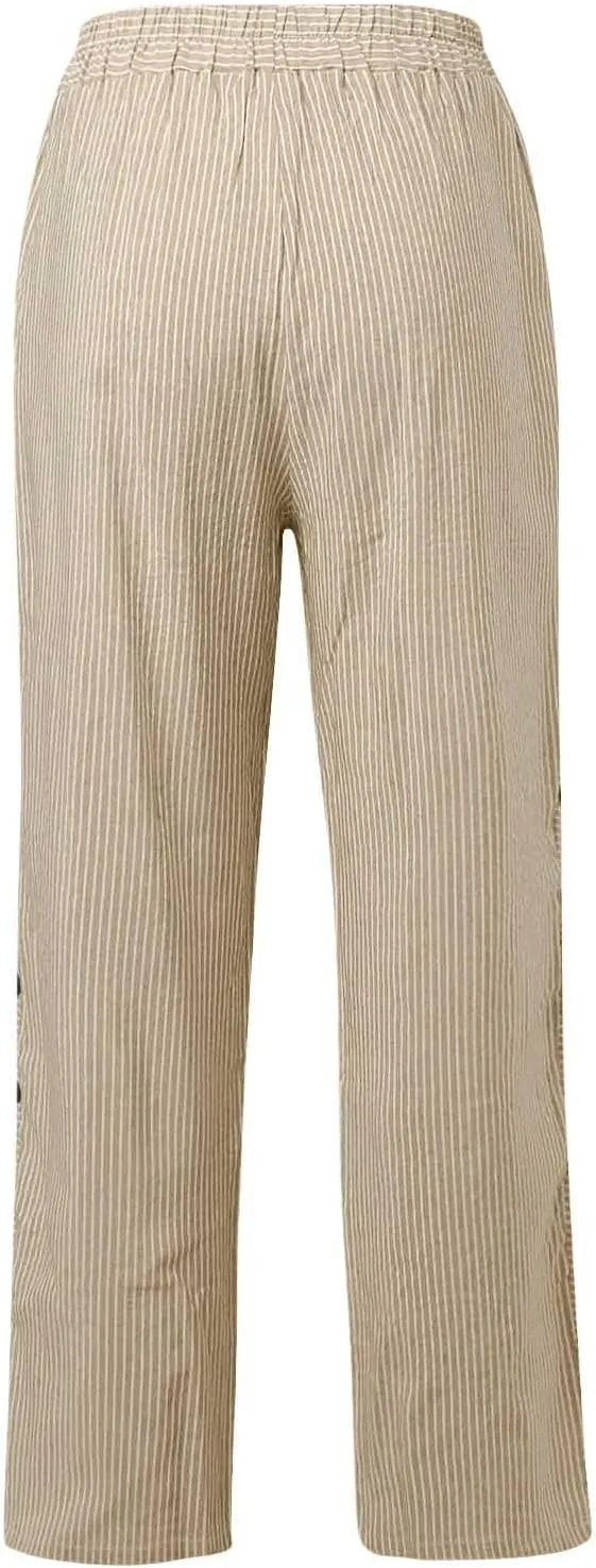 Cotton Linen Pants for Women Casual Straight Leg Elastic Waist Trousers Stripe Print Beach Lounge with Pockets