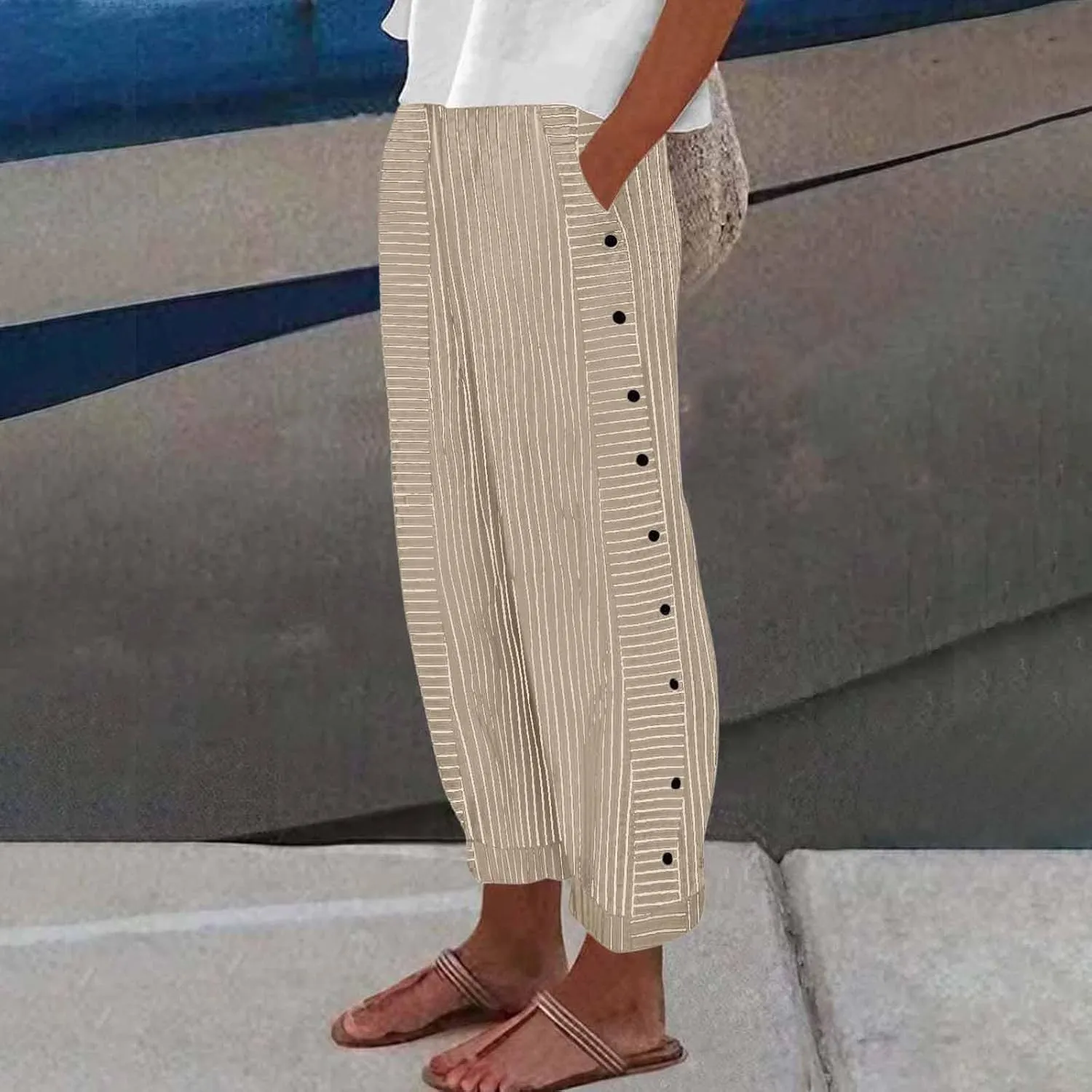 Cotton Linen Pants for Women Casual Straight Leg Elastic Waist Trousers Stripe Print Beach Lounge with Pockets
