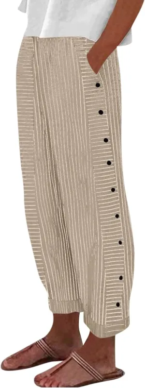 Cotton Linen Pants for Women Casual Straight Leg Elastic Waist Trousers Stripe Print Beach Lounge with Pockets