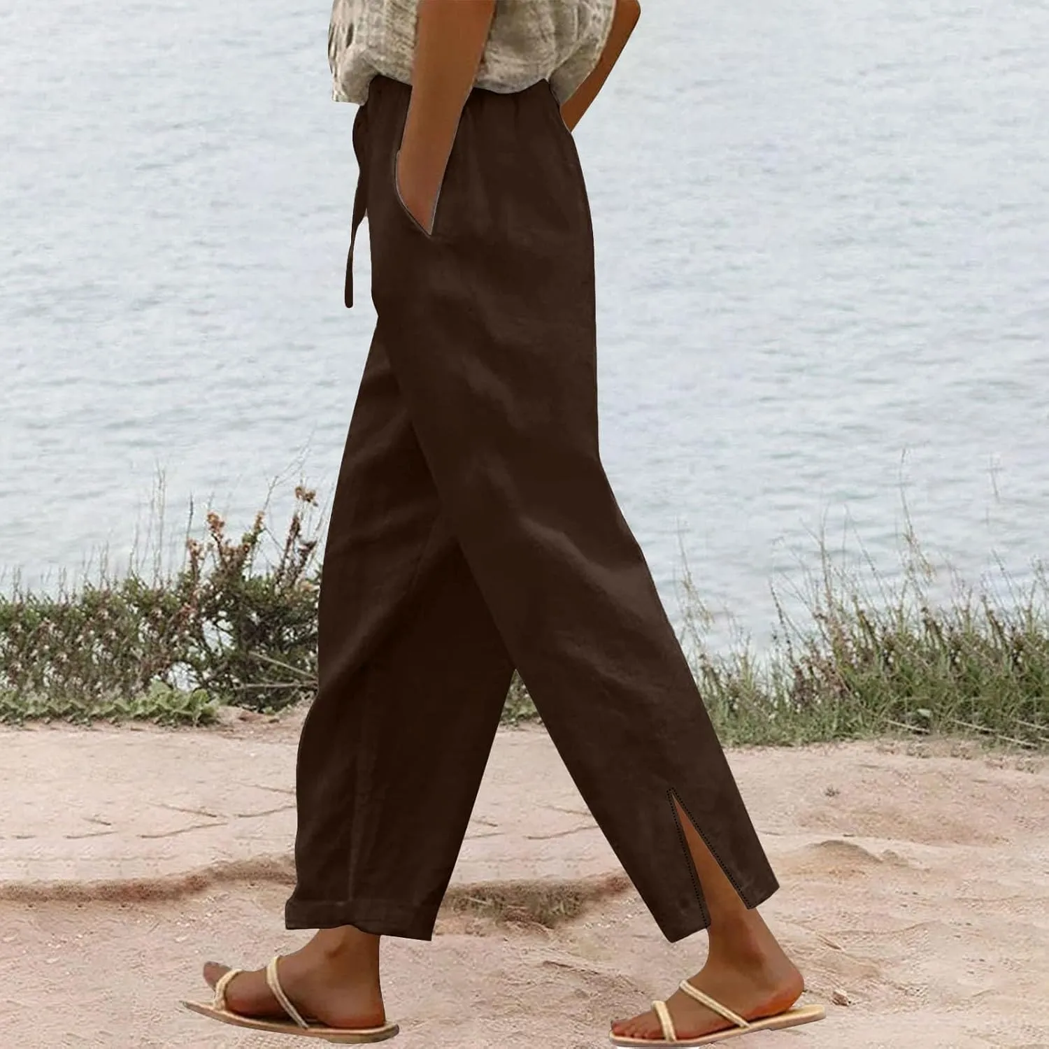 Cotton Linen Pants for Women Summer Beach Lounge with Pockets Loose Fit Casual Elastic Waist Trousers