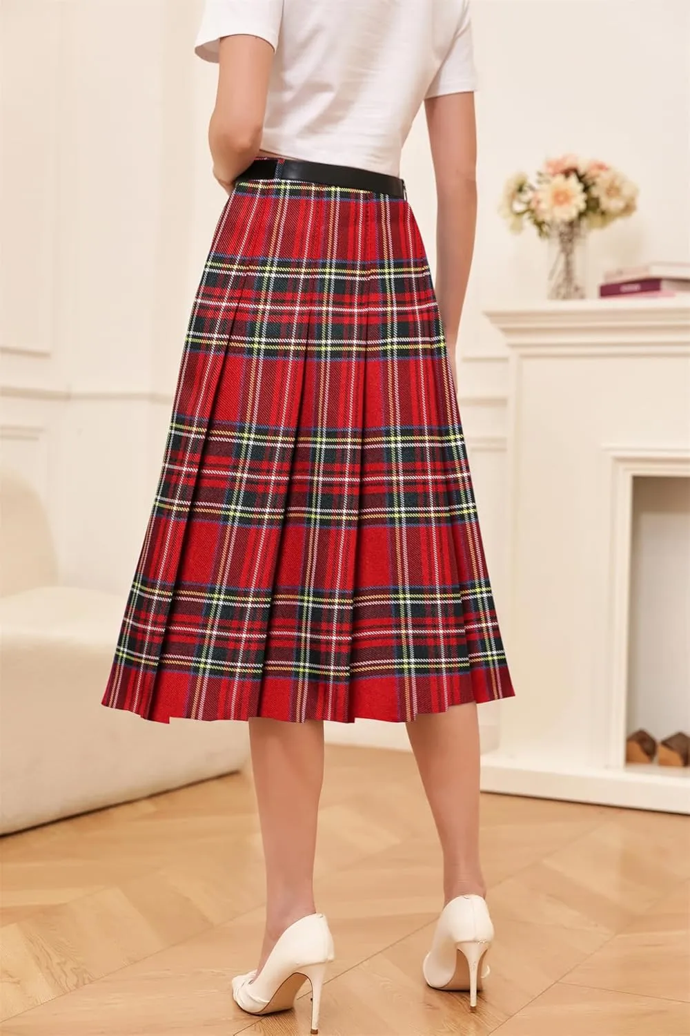 Cromoncent Girls Womens High Waist Pleated Long Skirt with Pockets