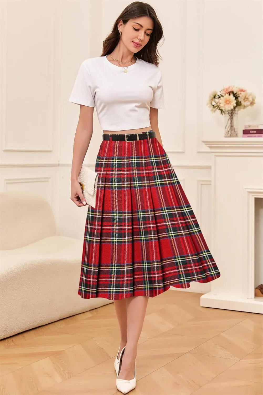Cromoncent Girls Womens High Waist Pleated Long Skirt with Pockets