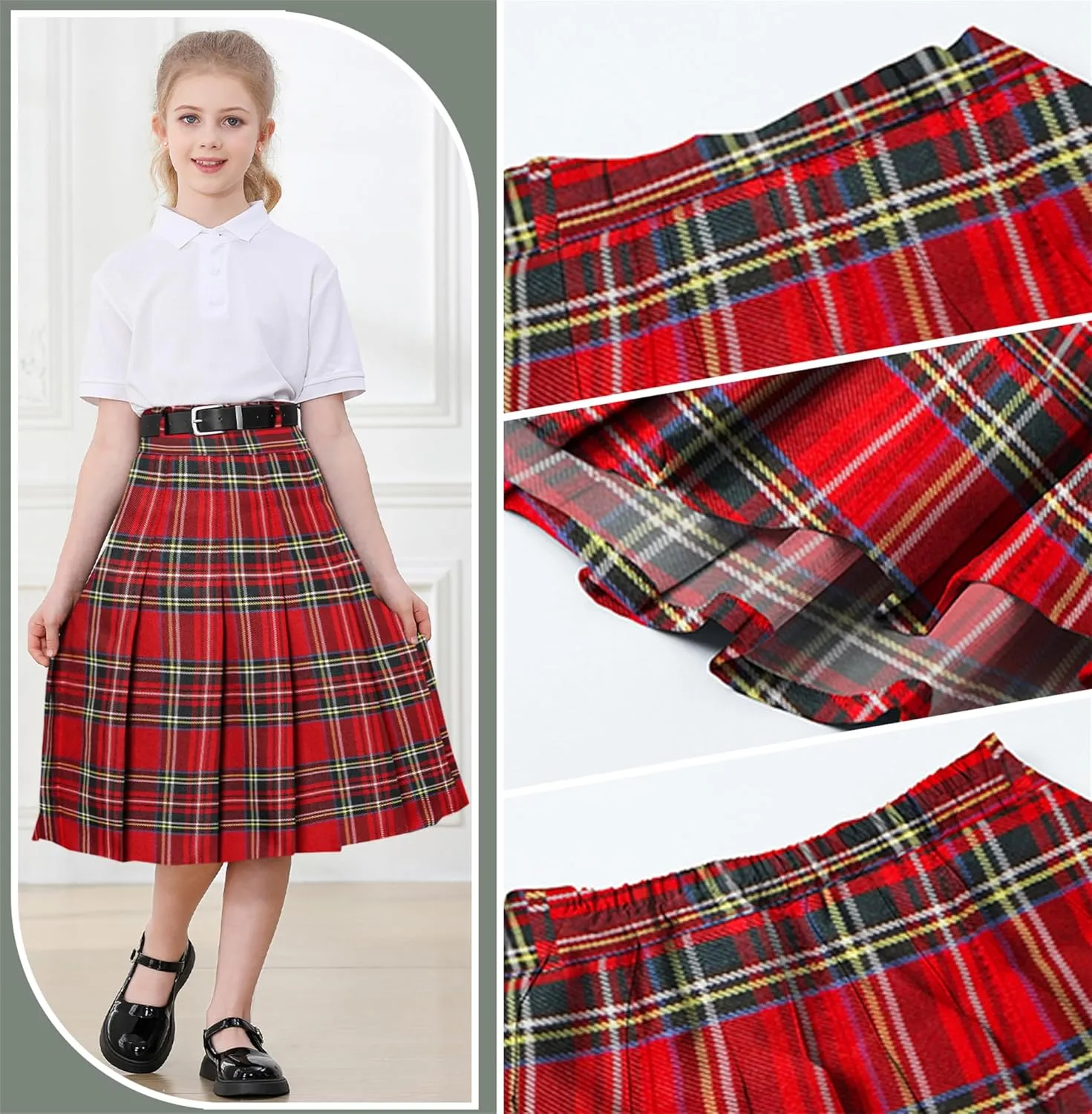 Cromoncent Girls Womens High Waist Pleated Long Skirt with Pockets
