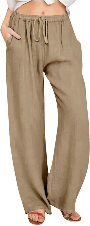 DASAYO Womens Linen Palazzo Pants Summer Casual Boho Wide Leg Drawstring High Waist Loose Fit Beach Trousers with Pockets