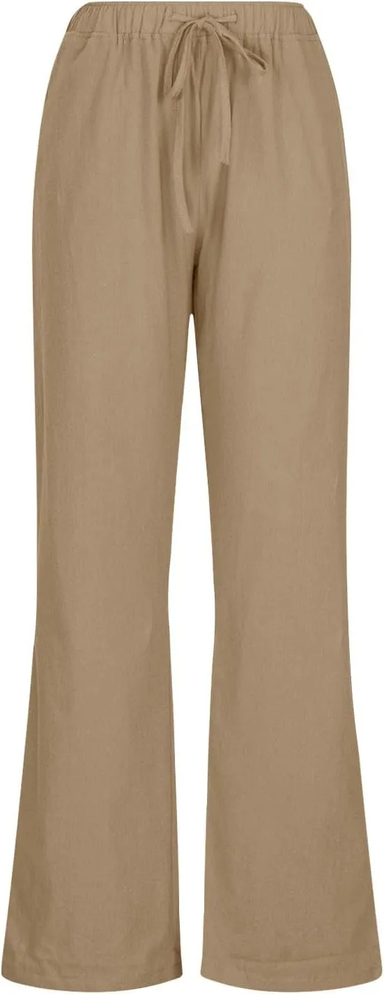 DASAYO Womens Linen Palazzo Pants Summer Casual Boho Wide Leg Drawstring High Waist Loose Fit Beach Trousers with Pockets