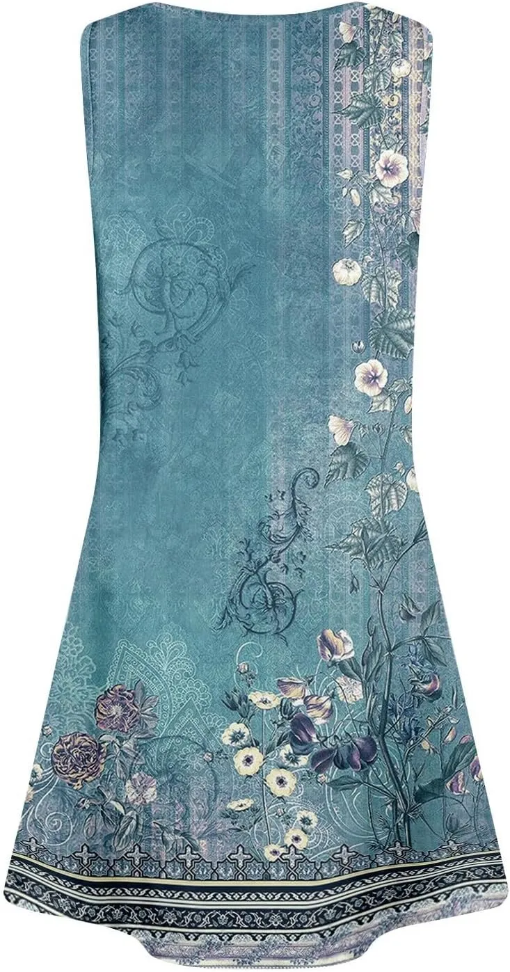 Dresses for Women Casual Summer Boho Beach Dress Loose V Neck Sleeveless Sundresses Swimsuit Coverup with Pockets