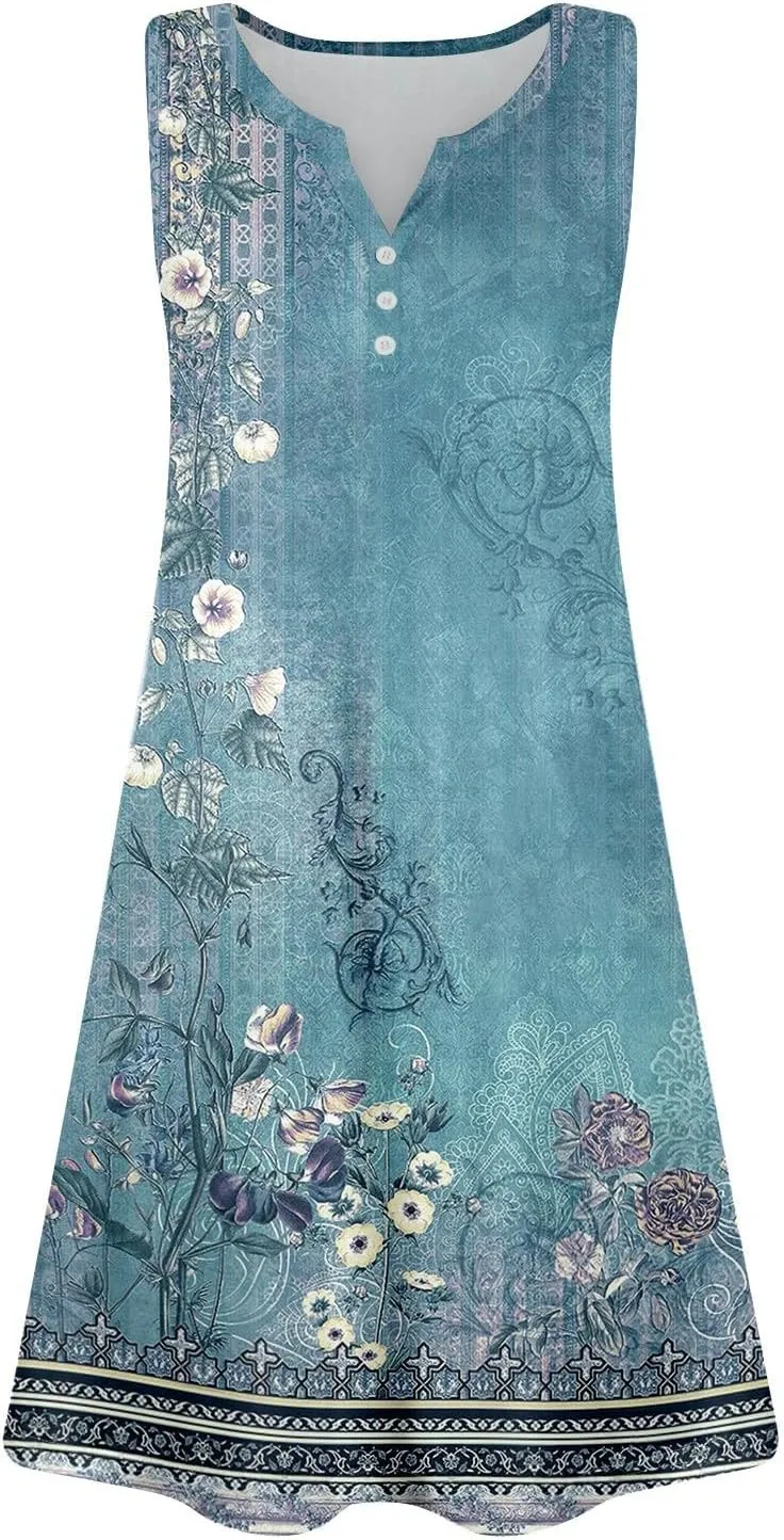 Dresses for Women Casual Summer Boho Beach Dress Loose V Neck Sleeveless Sundresses Swimsuit Coverup with Pockets