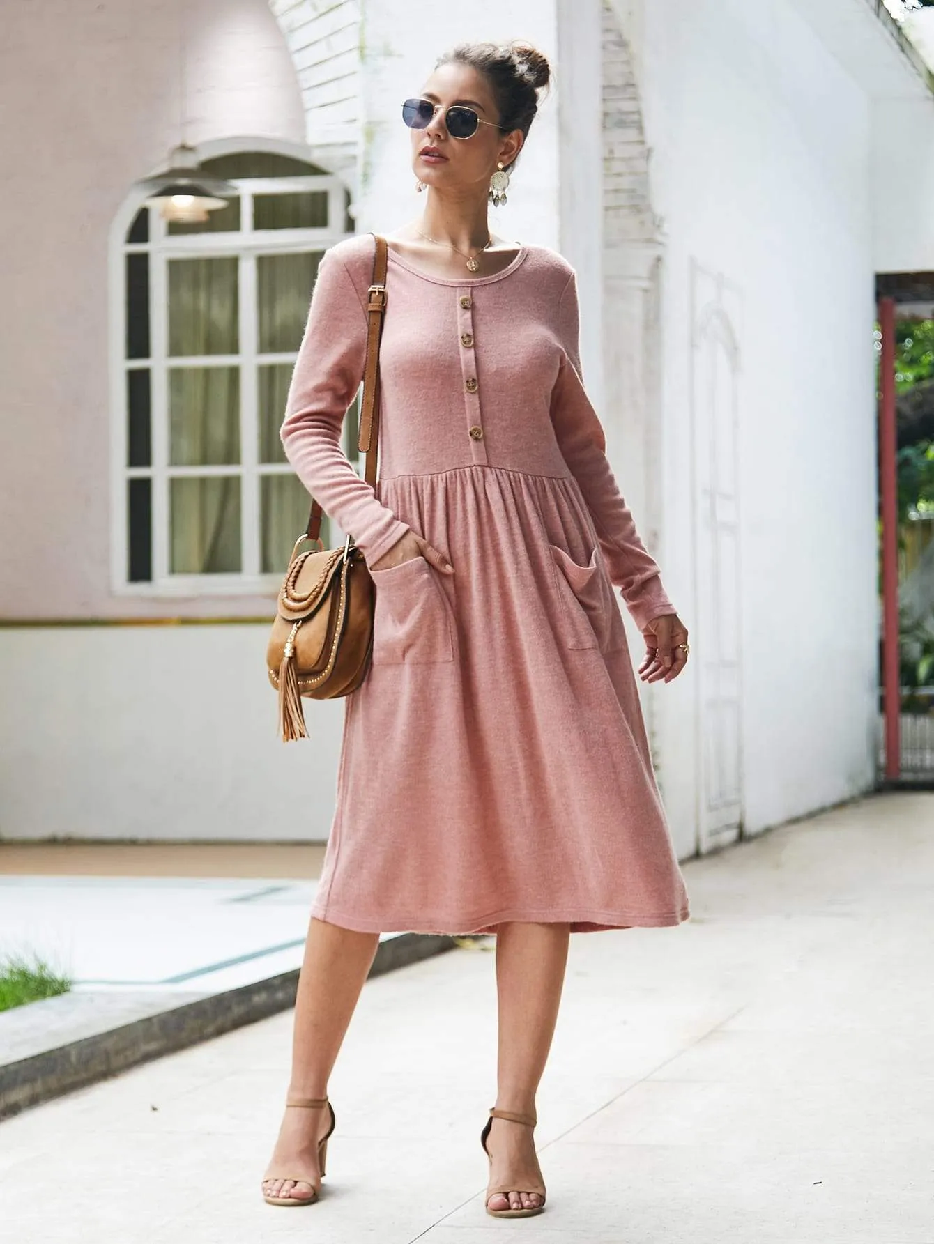 Dual Pockets Button Front Midi Jumper Dress