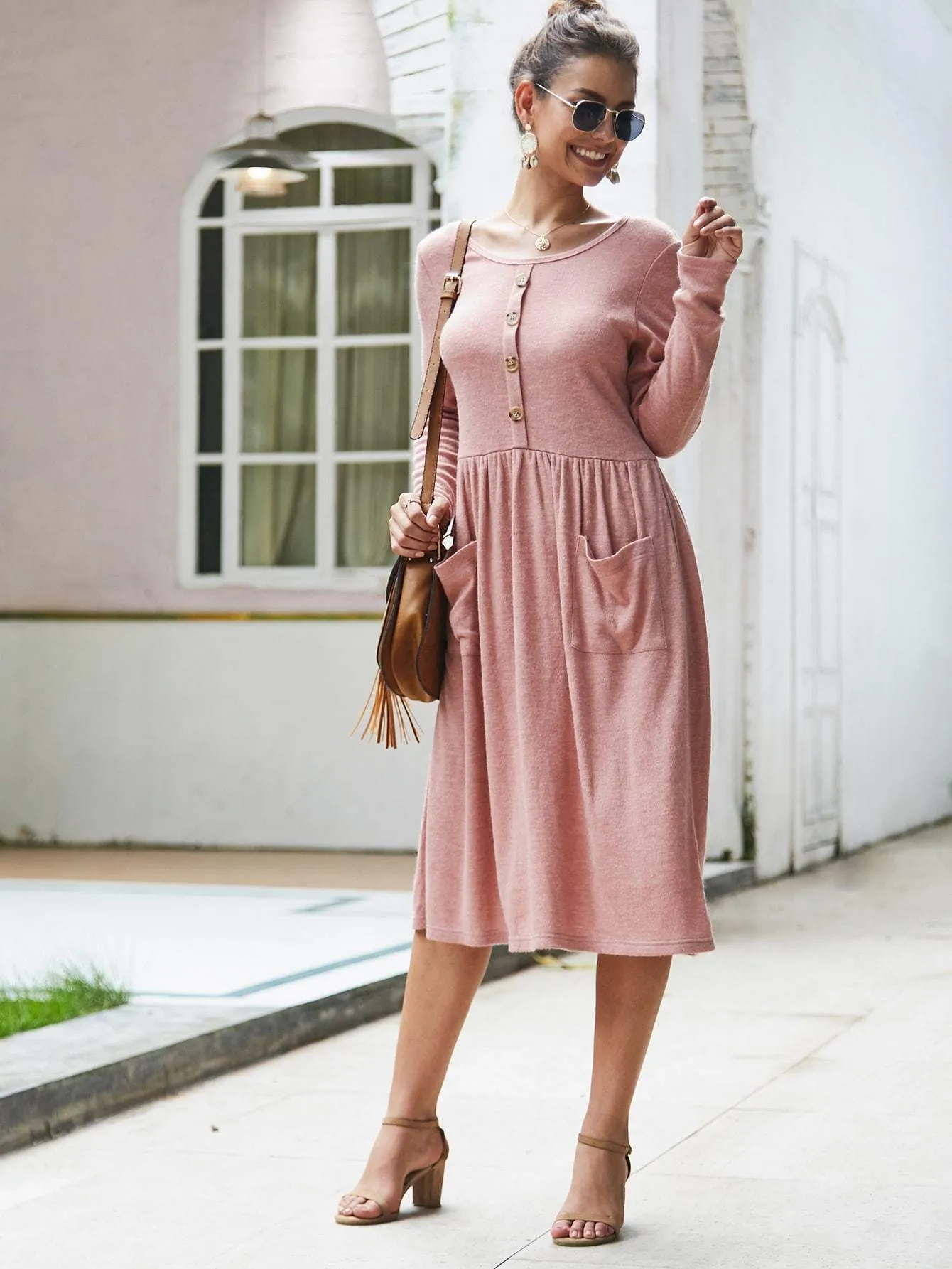 Dual Pockets Button Front Midi Jumper Dress