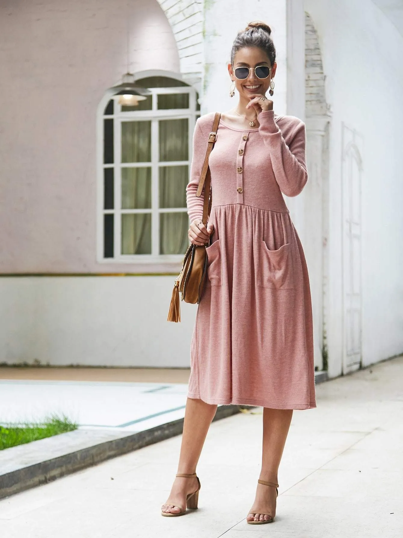 Dual Pockets Button Front Midi Jumper Dress