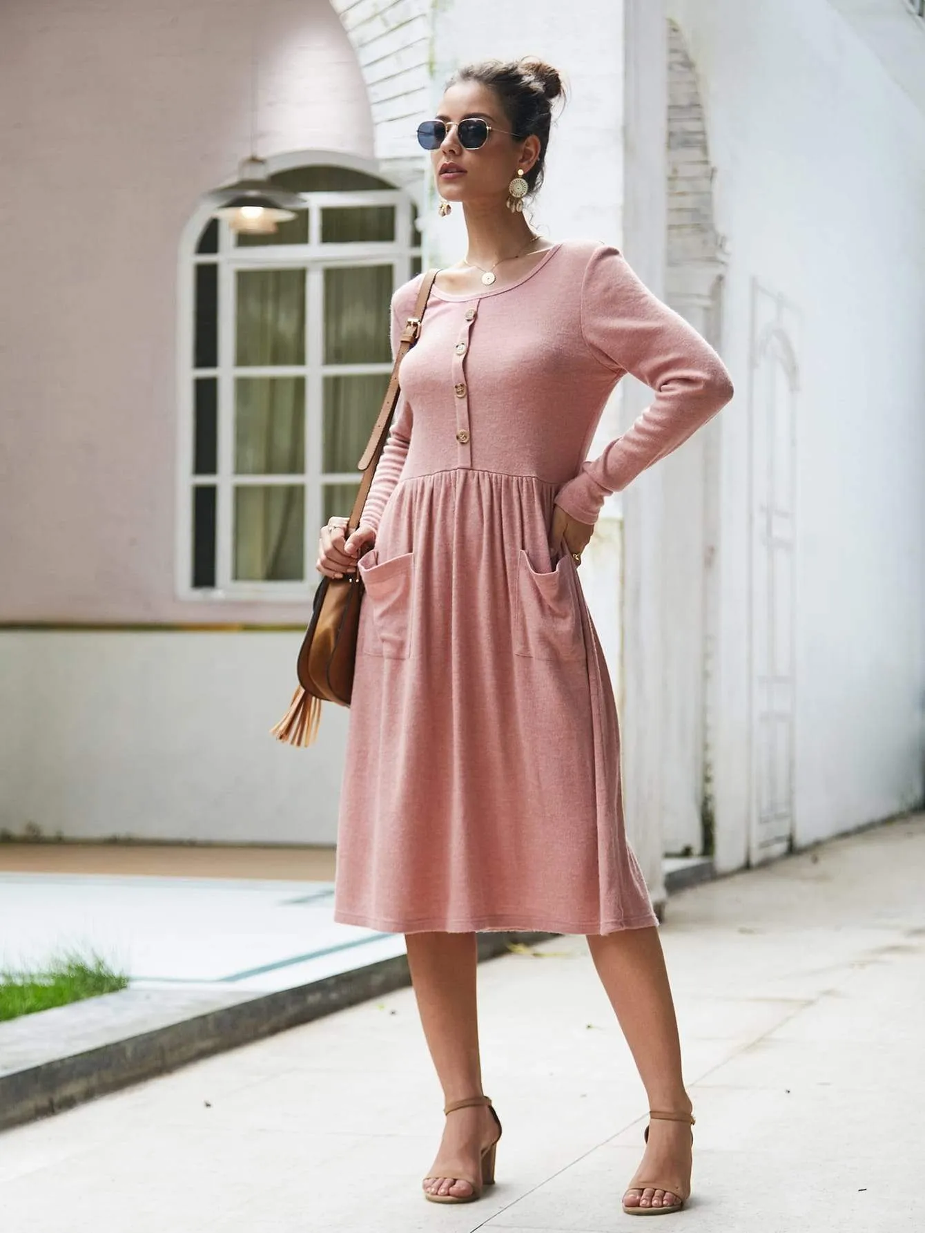 Dual Pockets Button Front Midi Jumper Dress