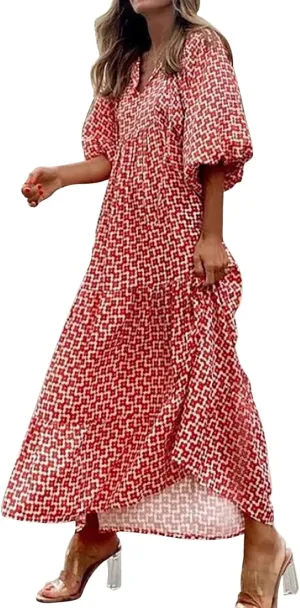 Eduavar Summer Dresses for Women 2024, Maxi Dress for Women Summer Boho Flowy Long Dress Short Sleeve Loose Fit Dress