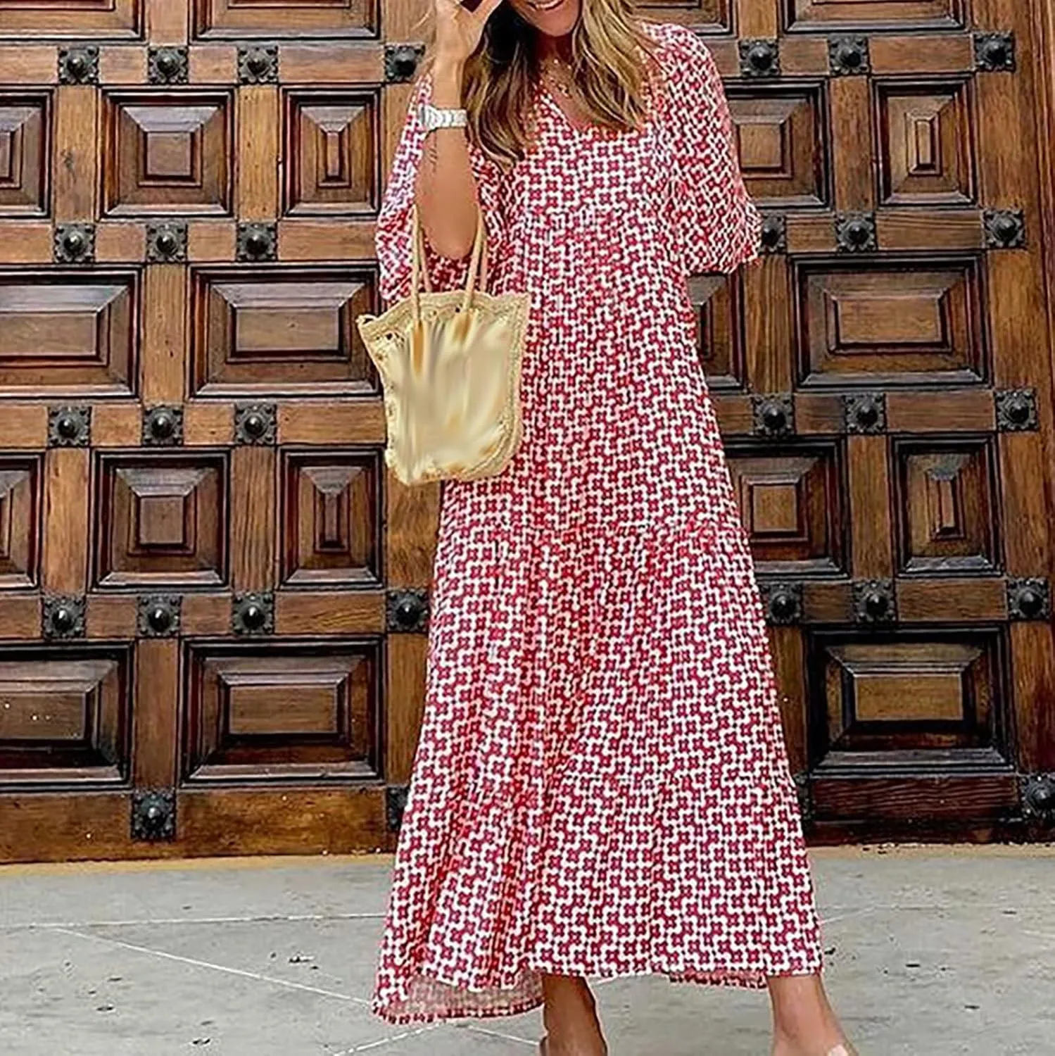 Eduavar Summer Dresses for Women 2024, Maxi Dress for Women Summer Boho Flowy Long Dress Short Sleeve Loose Fit Dress