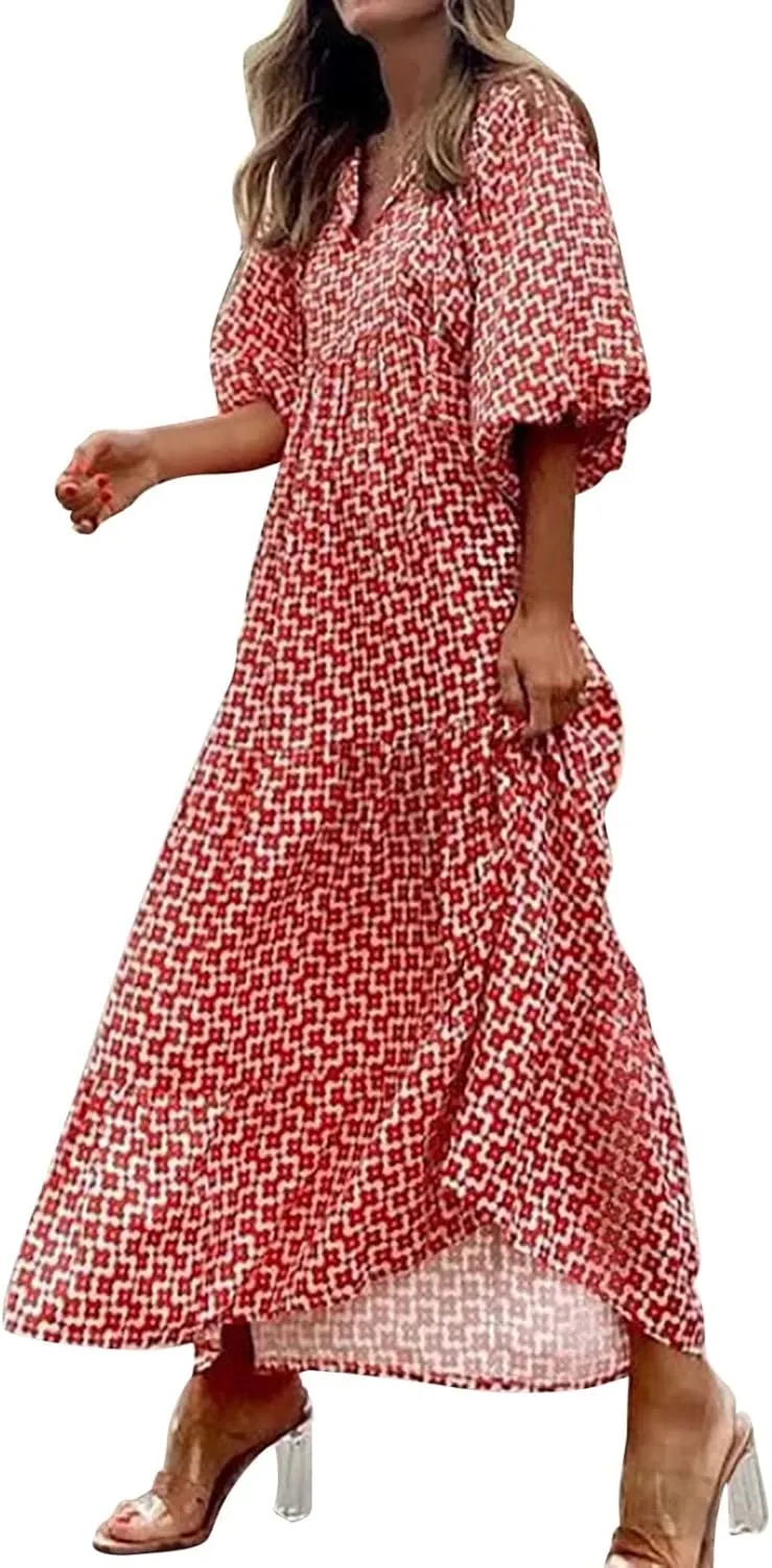 Eduavar Summer Dresses for Women 2024, Maxi Dress for Women Summer Boho Flowy Long Dress Short Sleeve Loose Fit Dress