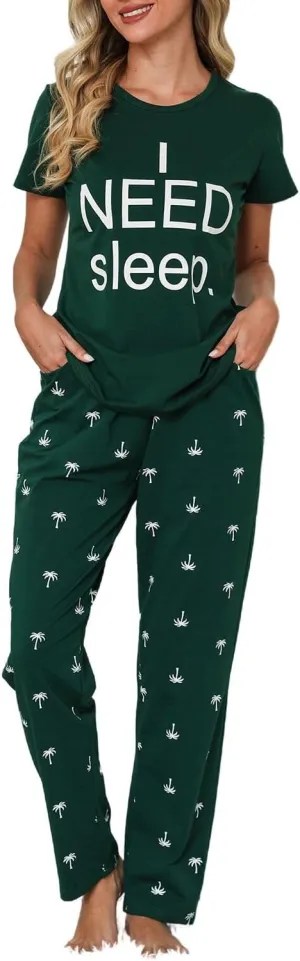 EISHOPEER Women's Pajama Set Printed Short Sleeve Top & Long Pants Sleepwear Pjs Sets