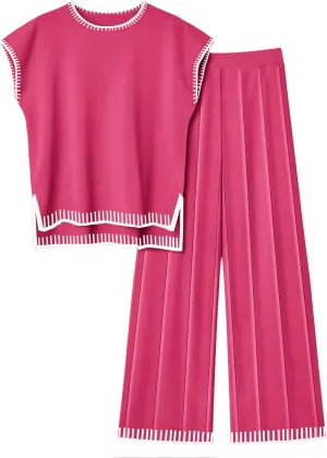 Ekouaer Womens Matching Sets Knit Sweater Sets 2 Pieces Outfits Pullover Tops Wide Legs Pants Lounge Set