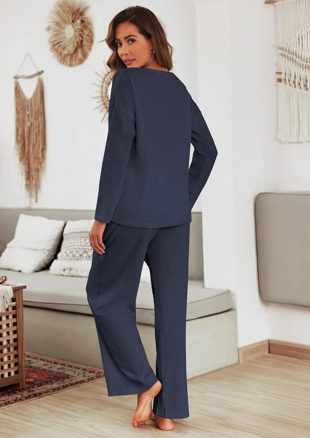 Ekouaer Women's Waffle Knit Pajama Sets Comfy Long Sleeve Lounge Sets 2 Piece Matching Pj Sets with Pockets