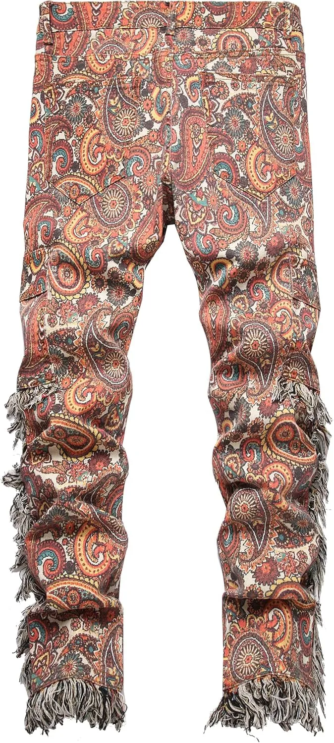 Enrica Men's Casual Printed Jeans Skinny Denim Pants