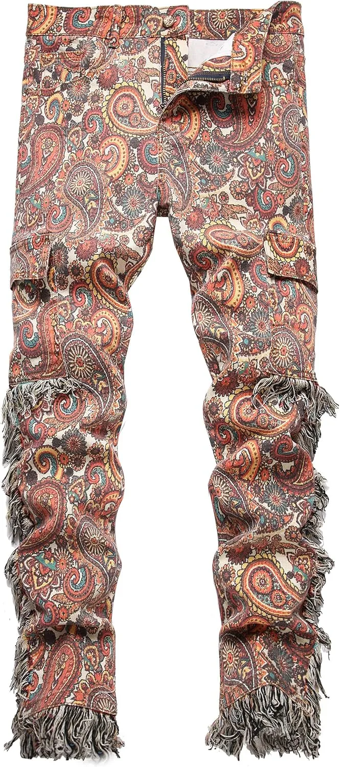 Enrica Men's Casual Printed Jeans Skinny Denim Pants