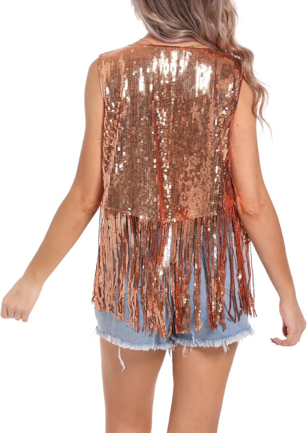 FEOYA Women Sequins Fringe Vest Glitter Sparkly Sleeveless Jacket 70s Open Front Tassel Vest
