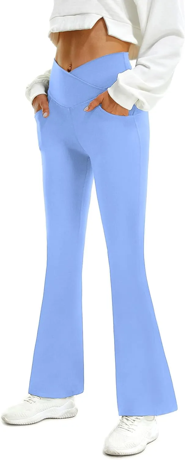 FireSwan Womens Crossover Flare Leggings with Pockets Bootcut High Waisted Yoga Pants Tummy Control Gym Workout Work Pants