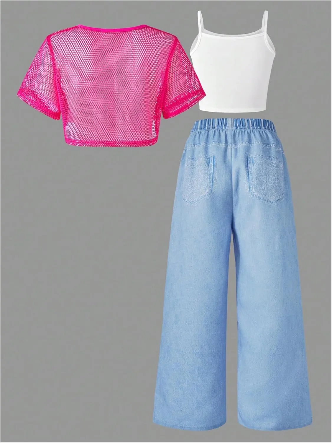 Floerns Girl's 3 Piece Summer Street Outfits Cartoon Camisole Wide Leg Denim Pants with Mesh Crop Tops