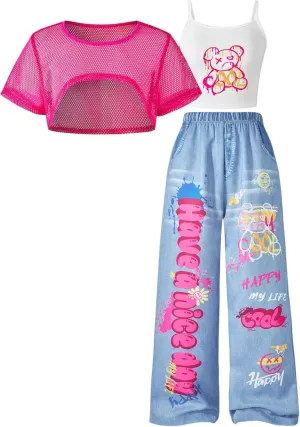 Floerns Girl's 3 Piece Summer Street Outfits Cartoon Camisole Wide Leg Denim Pants with Mesh Crop Tops