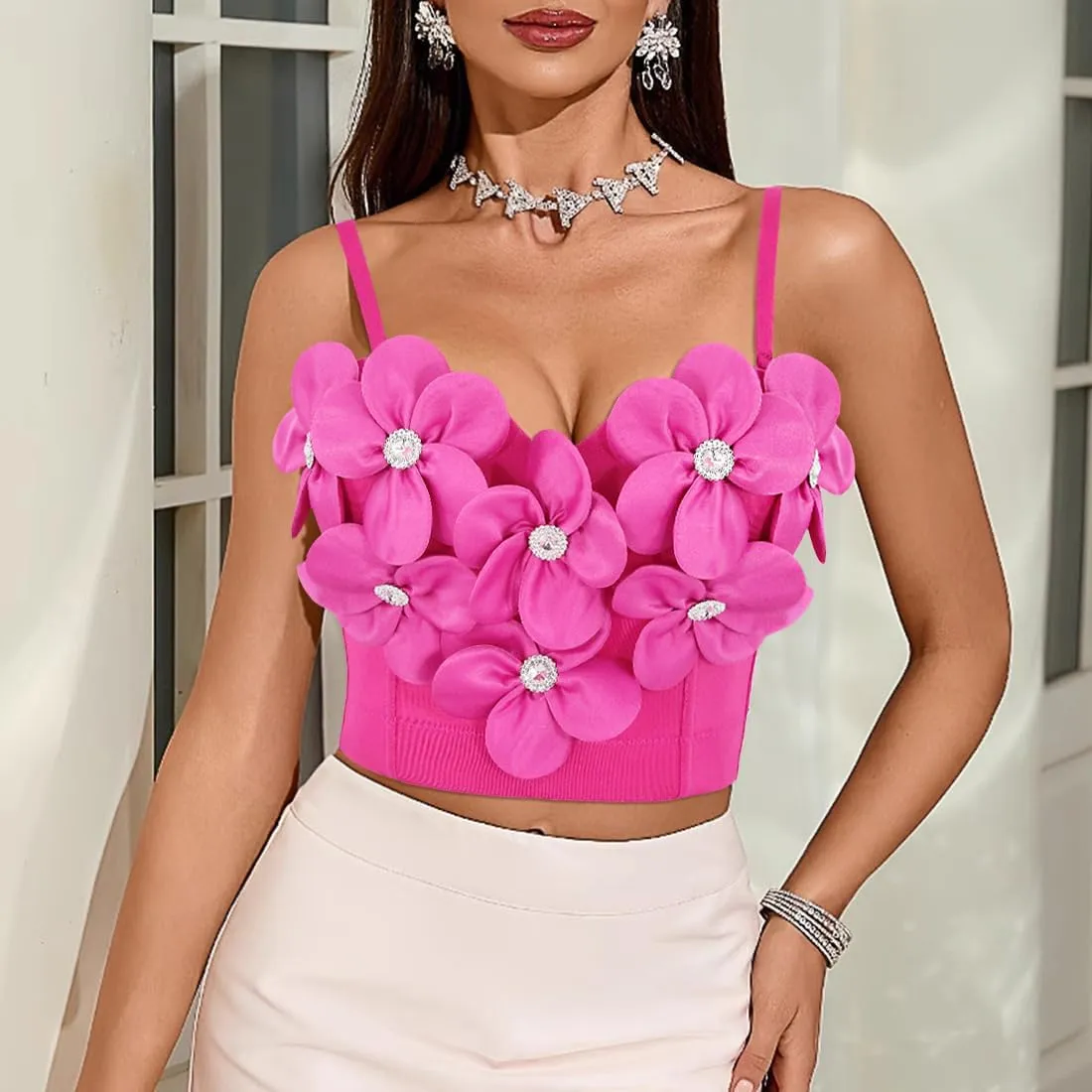 Giovacker Women's Spaghetti Strap Corset Bustier Pretty Flowers Rhinestone Crop Tops Party Festival Outfits Camis Vest Bra