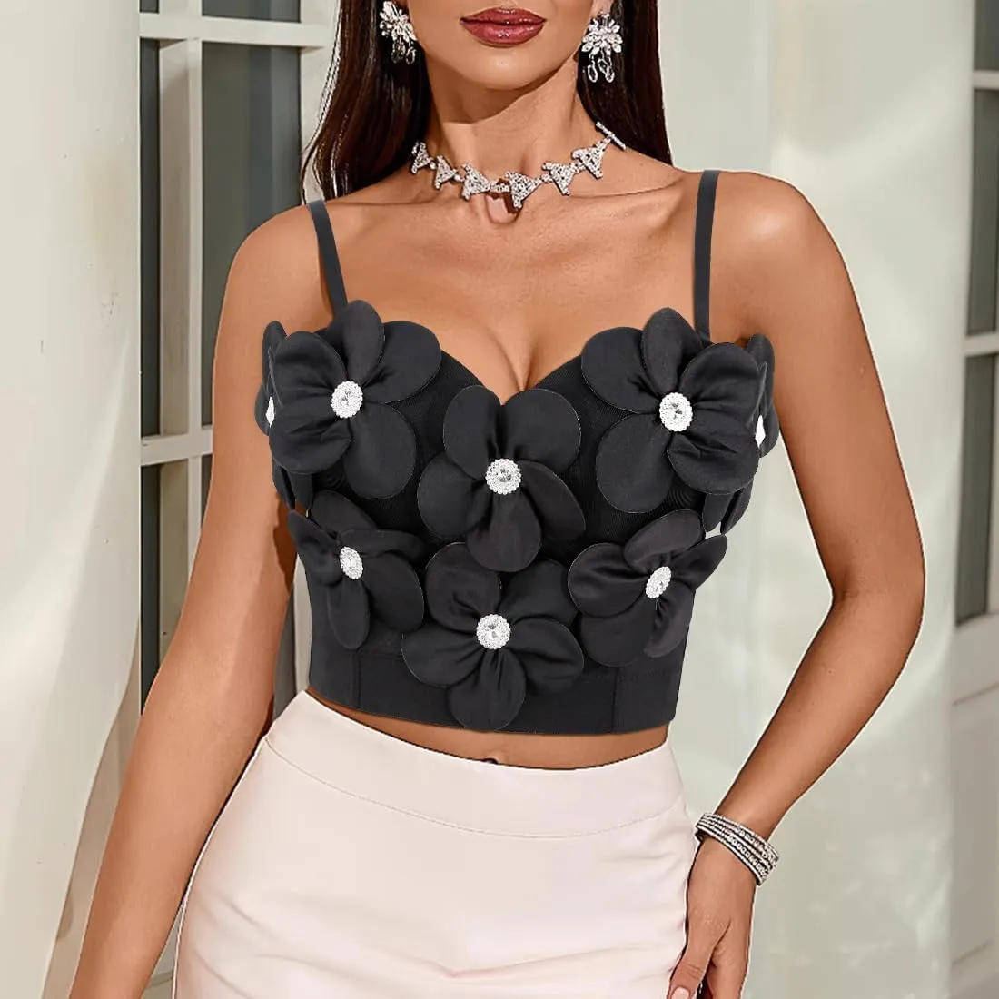 Giovacker Women's Spaghetti Strap Corset Bustier Pretty Flowers Rhinestone Crop Tops Party Festival Outfits Camis Vest Bra