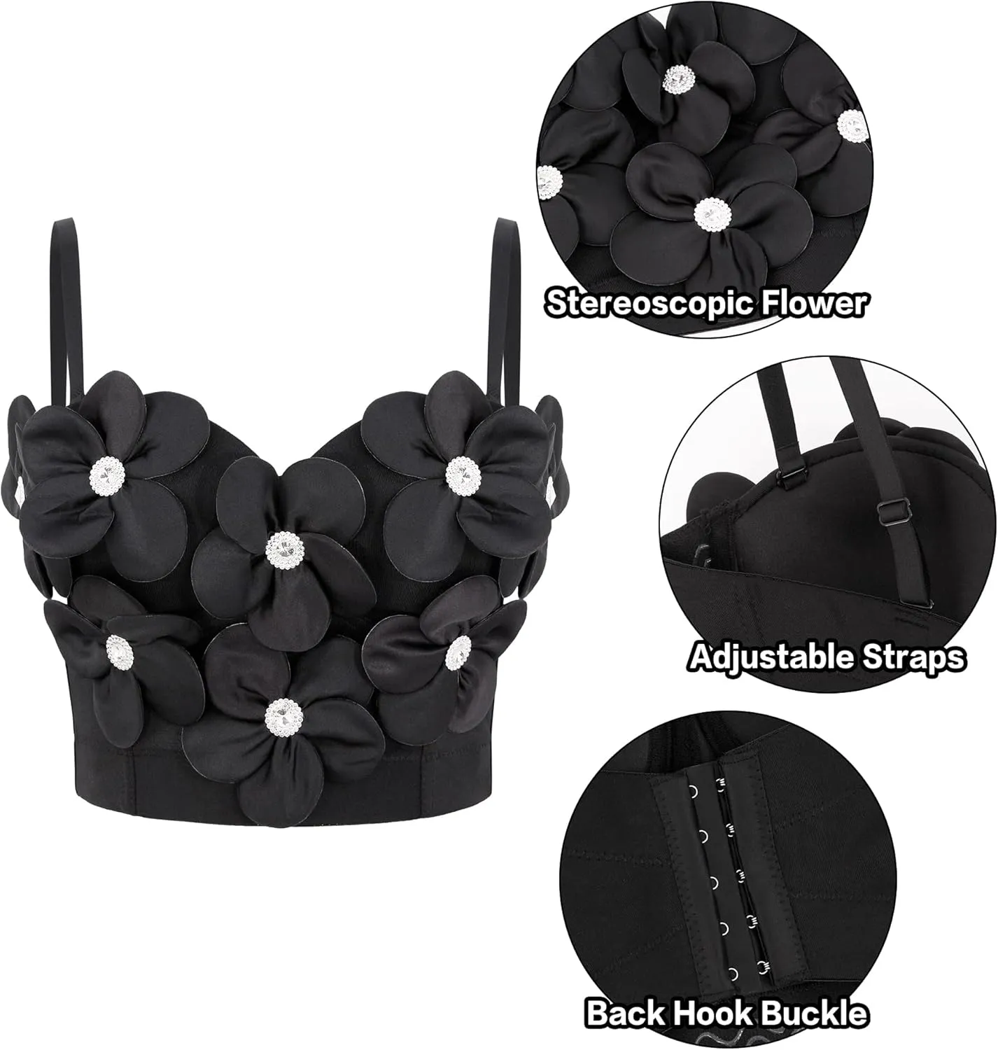 Giovacker Women's Spaghetti Strap Corset Bustier Pretty Flowers Rhinestone Crop Tops Party Festival Outfits Camis Vest Bra