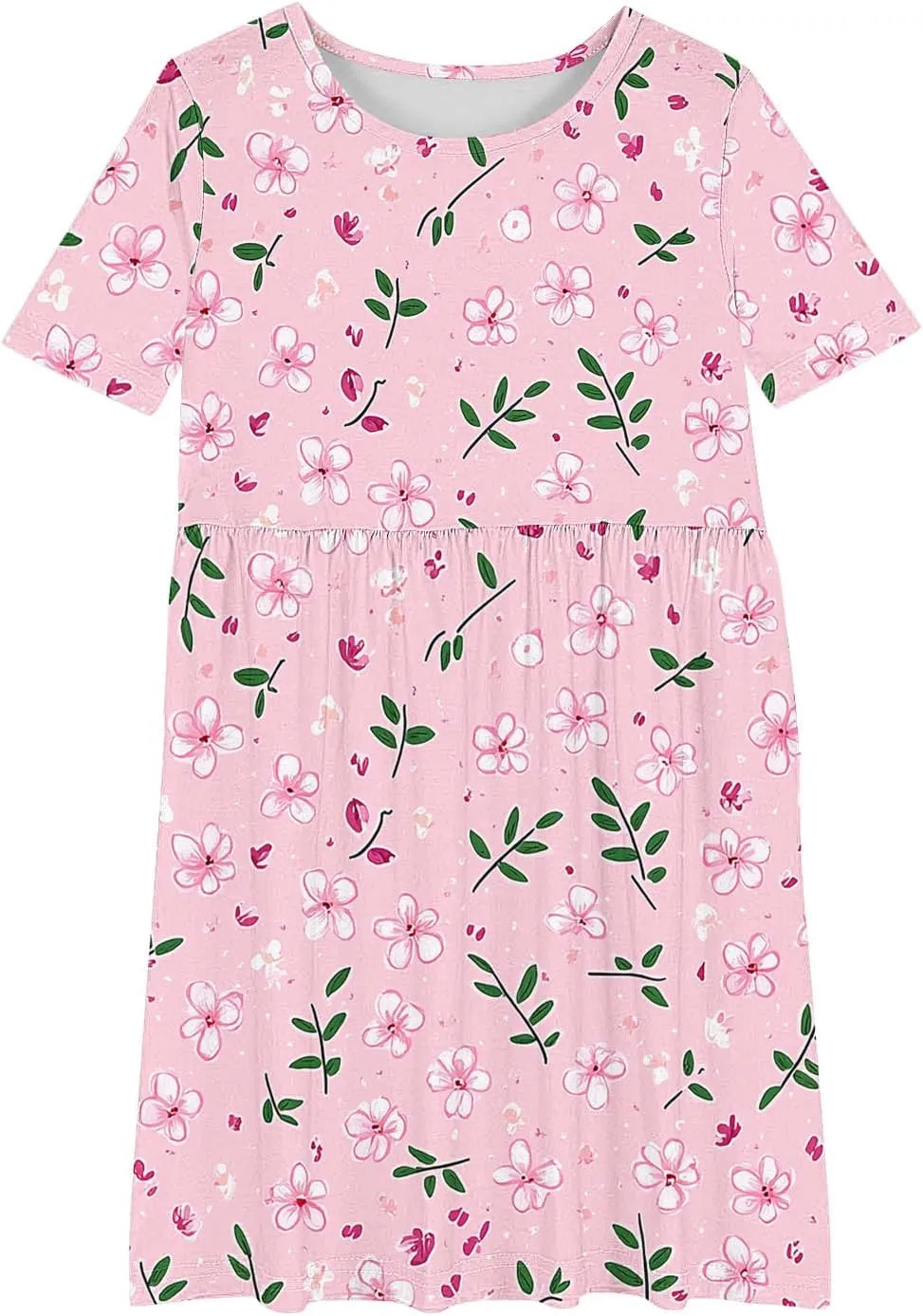 Girls Summer Flower Printed Ballet Dress Short Sleeve Round Neck Pleated Floral Print Beach Sundress Swing Dresses