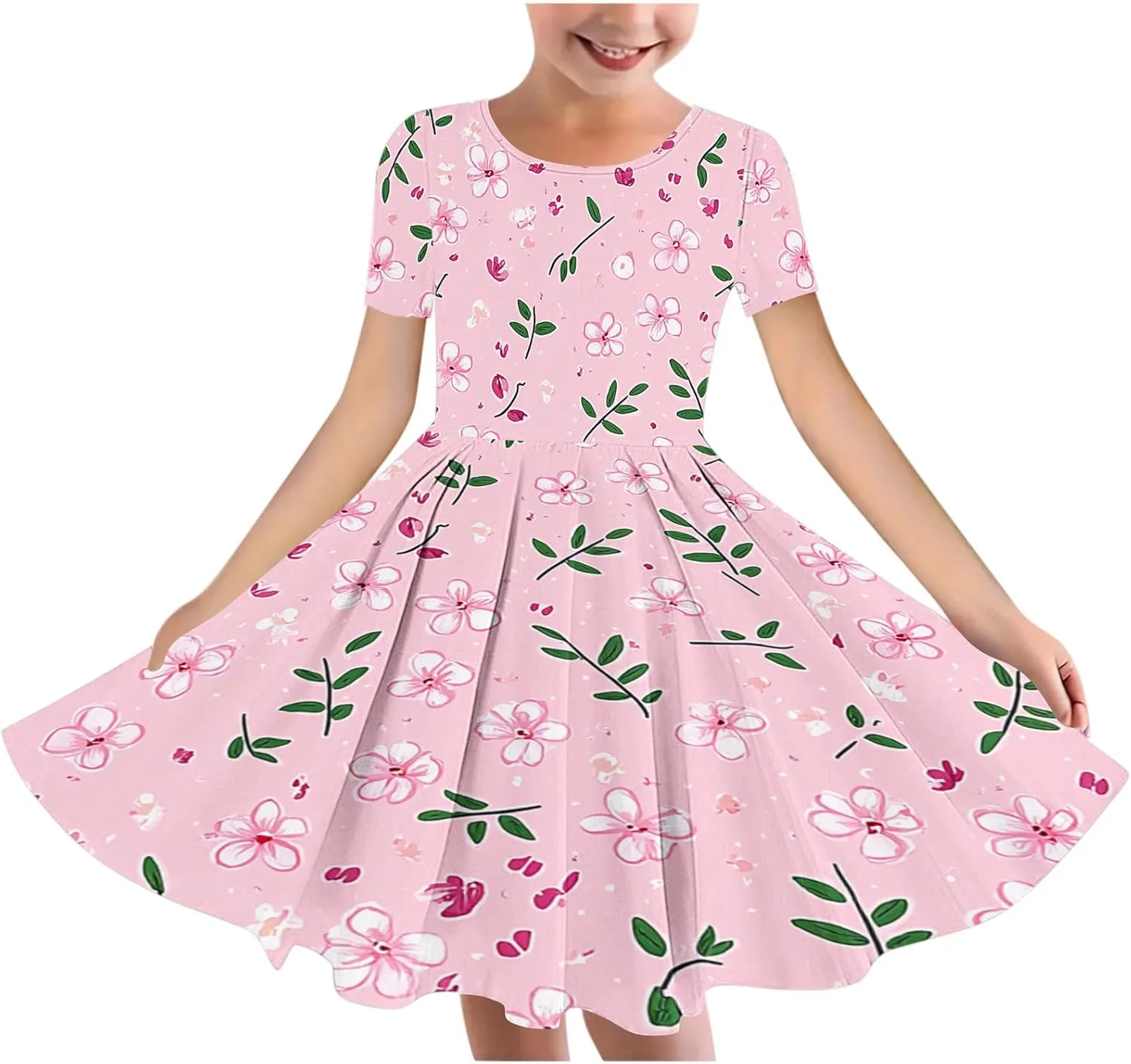 Girls Summer Flower Printed Ballet Dress Short Sleeve Round Neck Pleated Floral Print Beach Sundress Swing Dresses