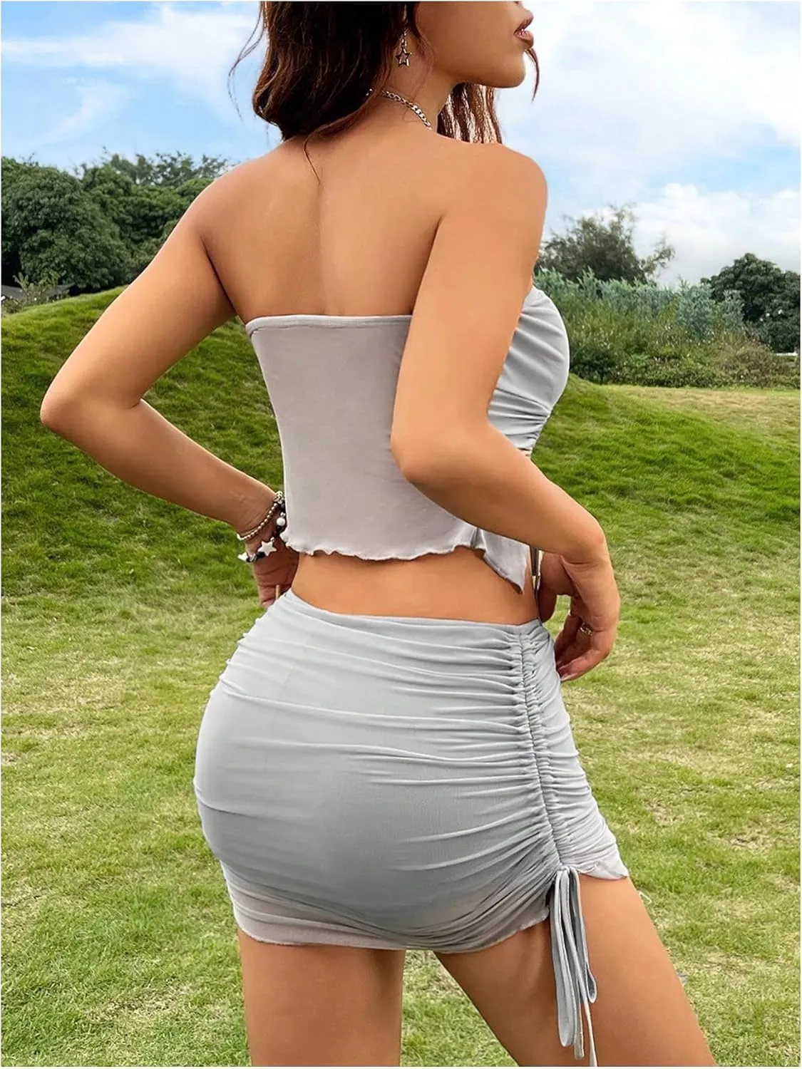 GORGLITTER Women's 2 Piece Skirt Set Mesh Ruched Asymmetrical Tube Tops and Mini Bodycon Skirt Set