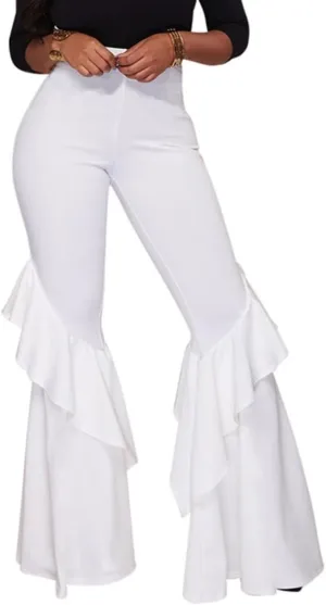 GUOLEZEEV Womens High Waisted Ruffle Flare Fit Pants Solid Color Wide Leg Trousers