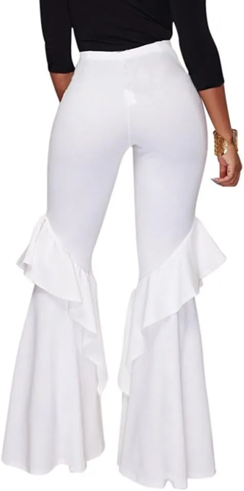 GUOLEZEEV Womens High Waisted Ruffle Flare Fit Pants Solid Color Wide Leg Trousers