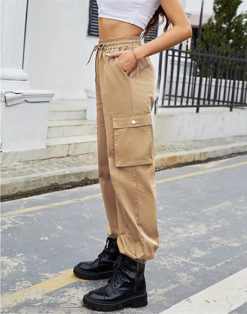 guyueqiqin Women's Drawstring Cargo Jogger Pants Casual High Waist Workout Trousers with Pockets