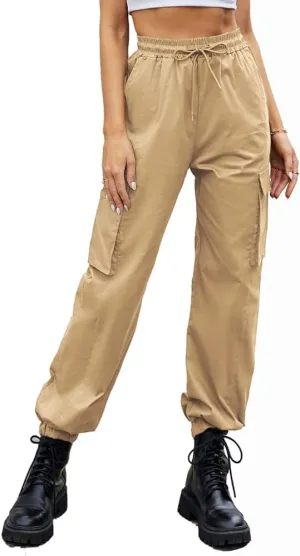 guyueqiqin Women's Drawstring Cargo Jogger Pants Casual High Waist Workout Trousers with Pockets
