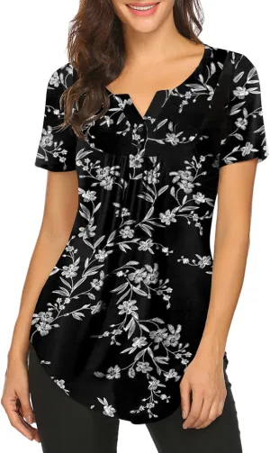 Halife Women's Floral Printed Short Sleeve Henley V Neck T-Shirt Pleated Casual Flowy Tunic Blouse Tops