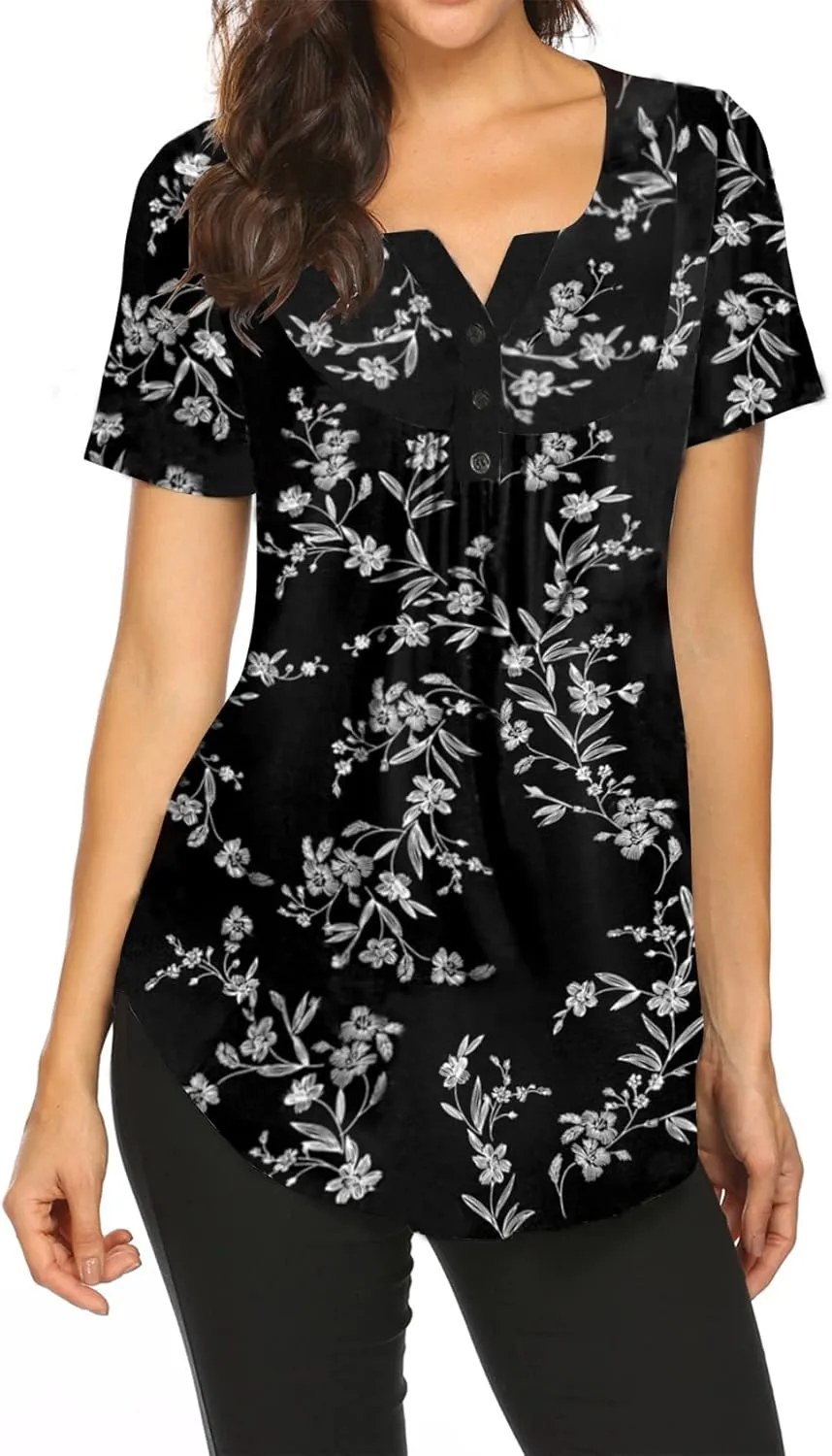 Halife Women's Floral Printed Short Sleeve Henley V Neck T-Shirt Pleated Casual Flowy Tunic Blouse Tops