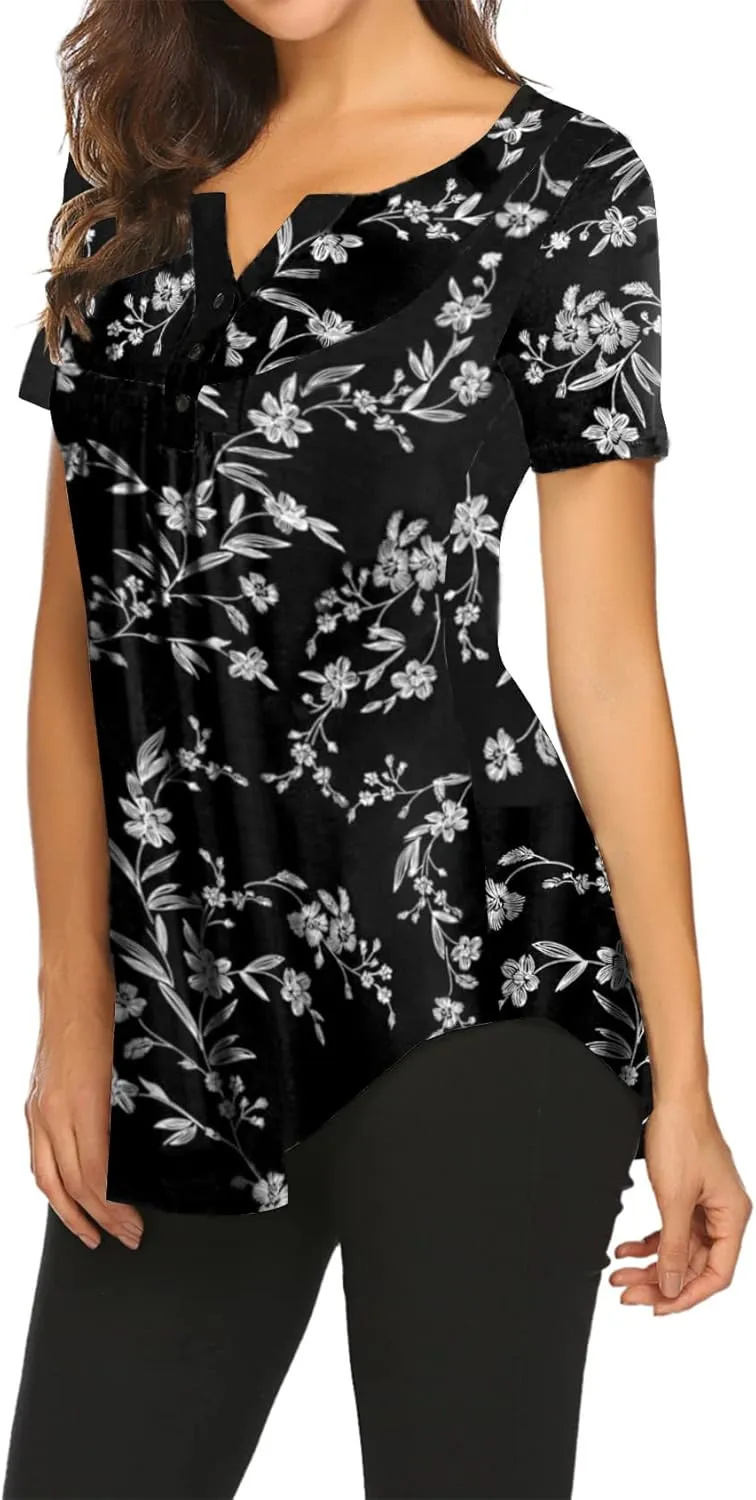 Halife Women's Floral Printed Short Sleeve Henley V Neck T-Shirt Pleated Casual Flowy Tunic Blouse Tops