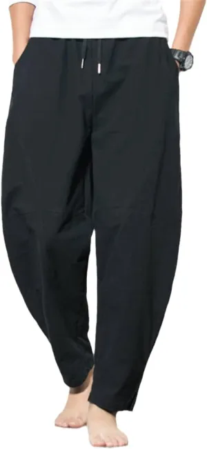 Harem Pants Men's Cotton Linen Loose Pants Male Casual Solid Color Pants Trousers Chinese Style Plus Size Sweatpants Black 5XL