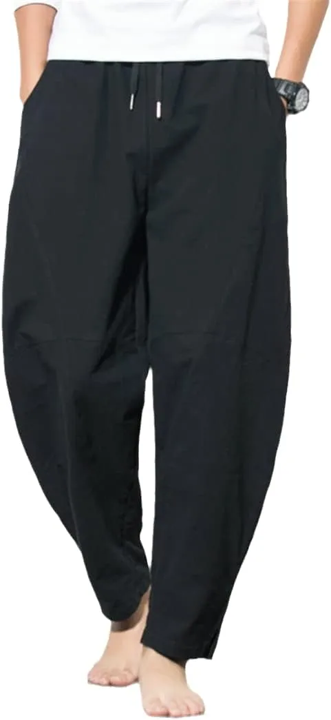 Harem Pants Men's Cotton Linen Loose Pants Male Casual Solid Color Pants Trousers Chinese Style Plus Size Sweatpants Black 5XL