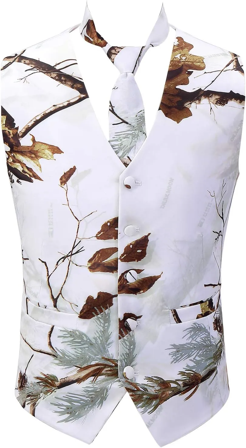 HBDesign Men Collar Edge White Camouflage Dress Suits (Jacket Vest Pants Tie/Bowtie)