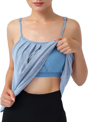 Hibelle Womens Built in Bra Camisole with Adjustable Spaghetti Straps,Pleated Front Flowy Summer Casual Tank Tops