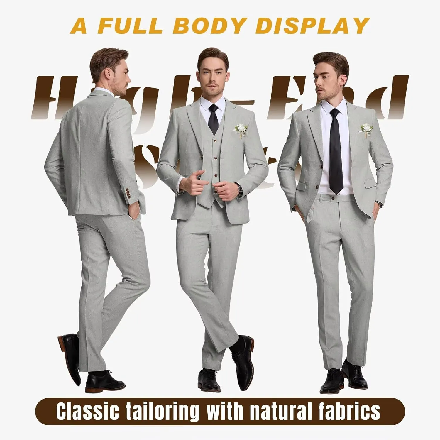 High-End Suits Retro Linen Suit for Men Casual Wedding Suit for Men Slim Fit 3 Pieces Jacket Blazer Vest Pant Groom Tuxedo